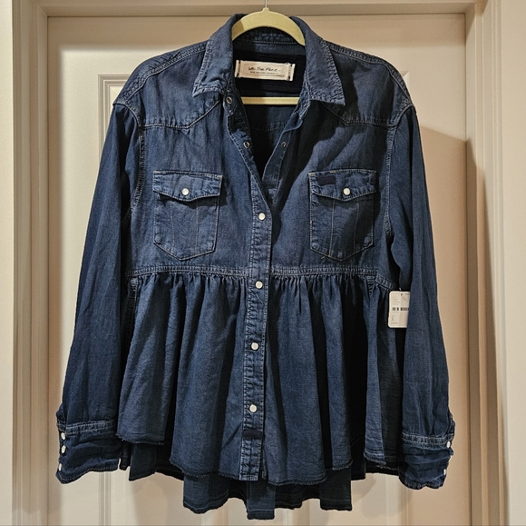 Free People Dylan Babydoll Shacket LS High Low Hem Front Pearl Snaps Blue Sm NWT - Picture 2 of 14